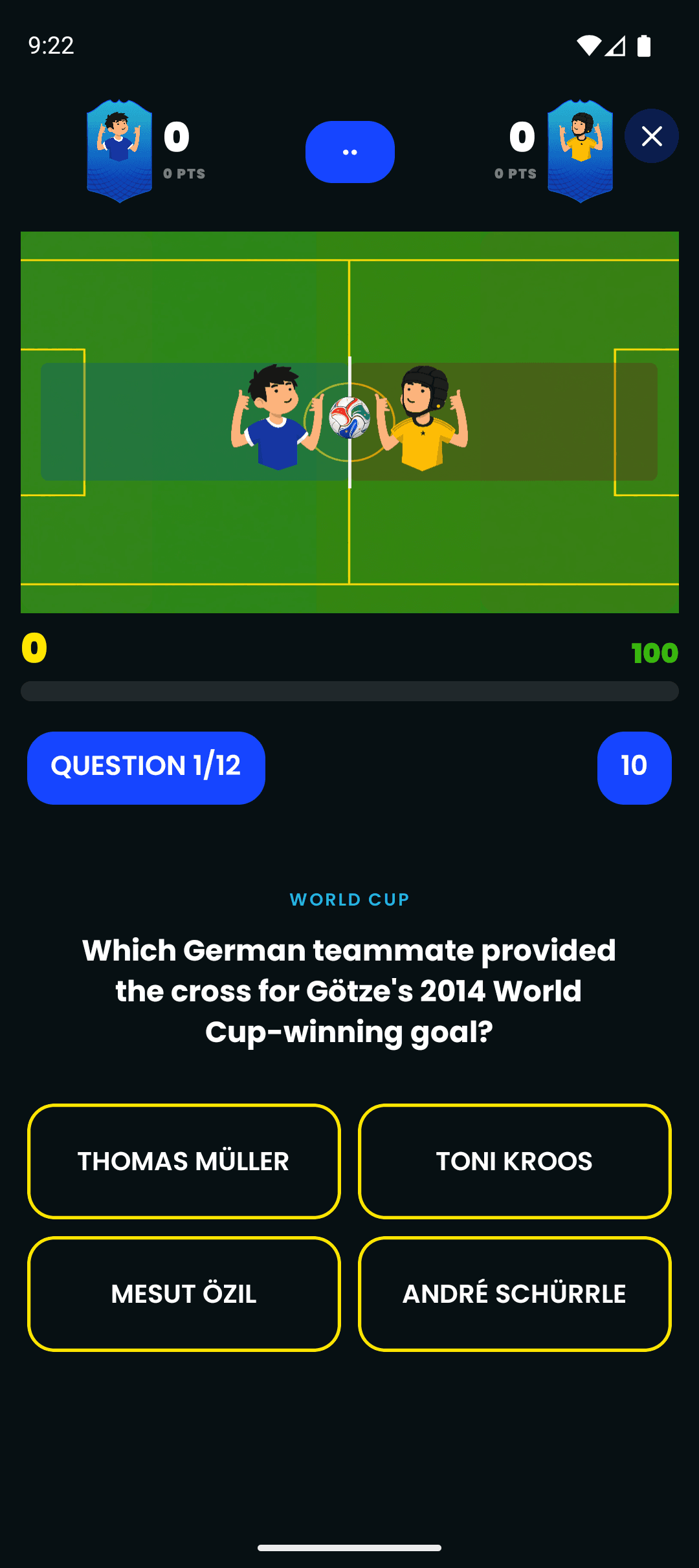 Partida ranqueada do Quizball em um celular Android: posse de bola, uma pergunta e quatro opções de resposta.